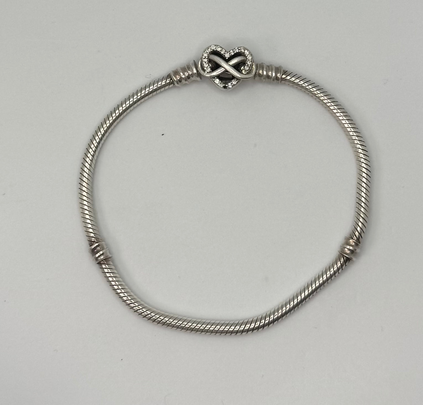 Pandora Moments Sparkling Infinity Heart Clasp Snake Chain Bracelet Sterling silver 7”