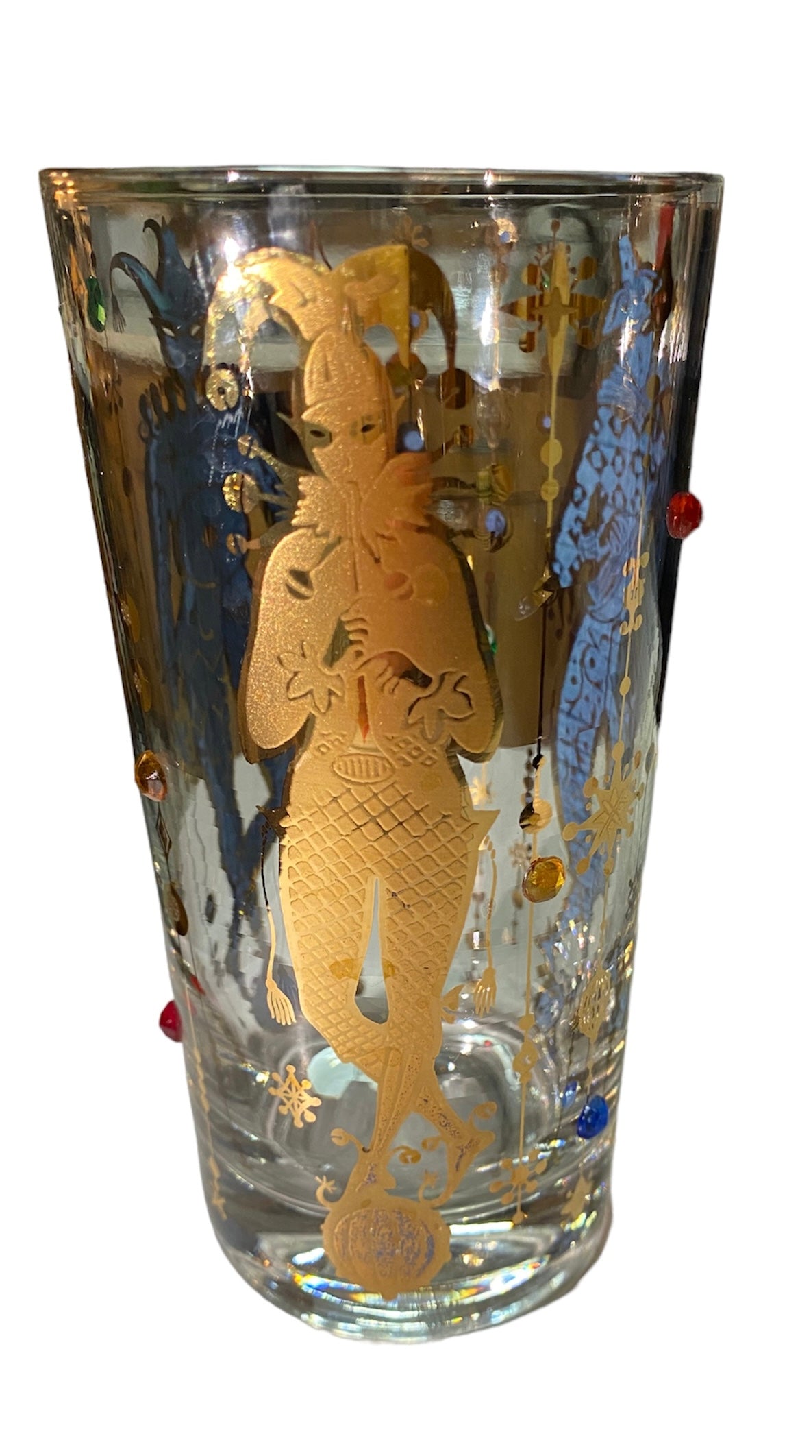 Set of 4 Vintage Culver Mardi Gras Pattern 22K Gold Jester Jeweled Highball Glasses Barware Mid Century
