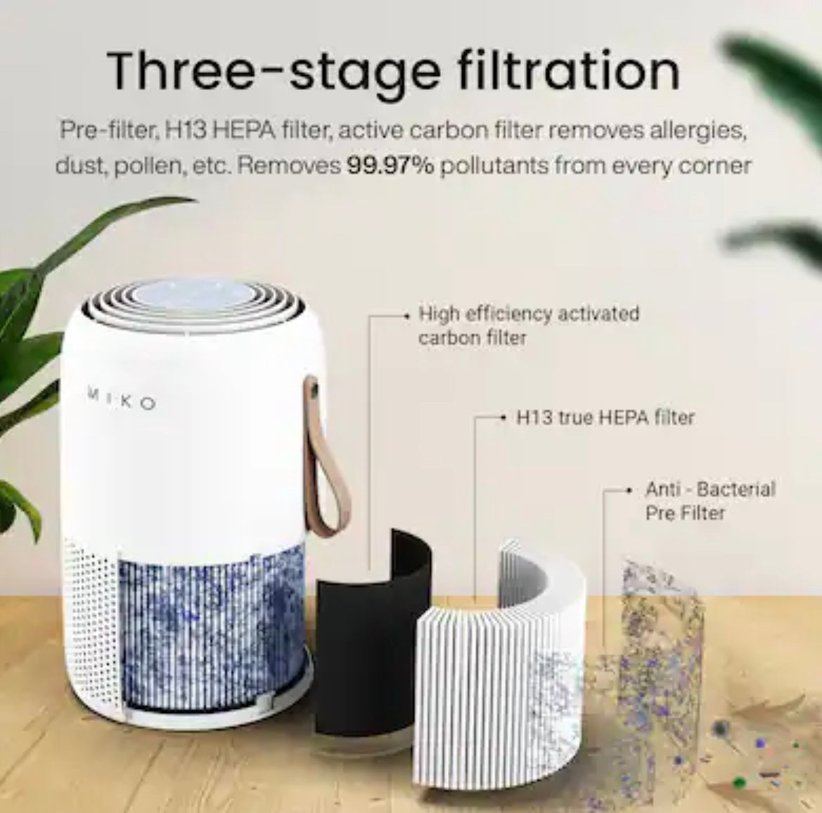 Miko - Smart Air Purifier with App Control – H13 True HEPA, 3-Stage Filtration, Covers 770 sq. ft., Ultra Quiet, for Home - White