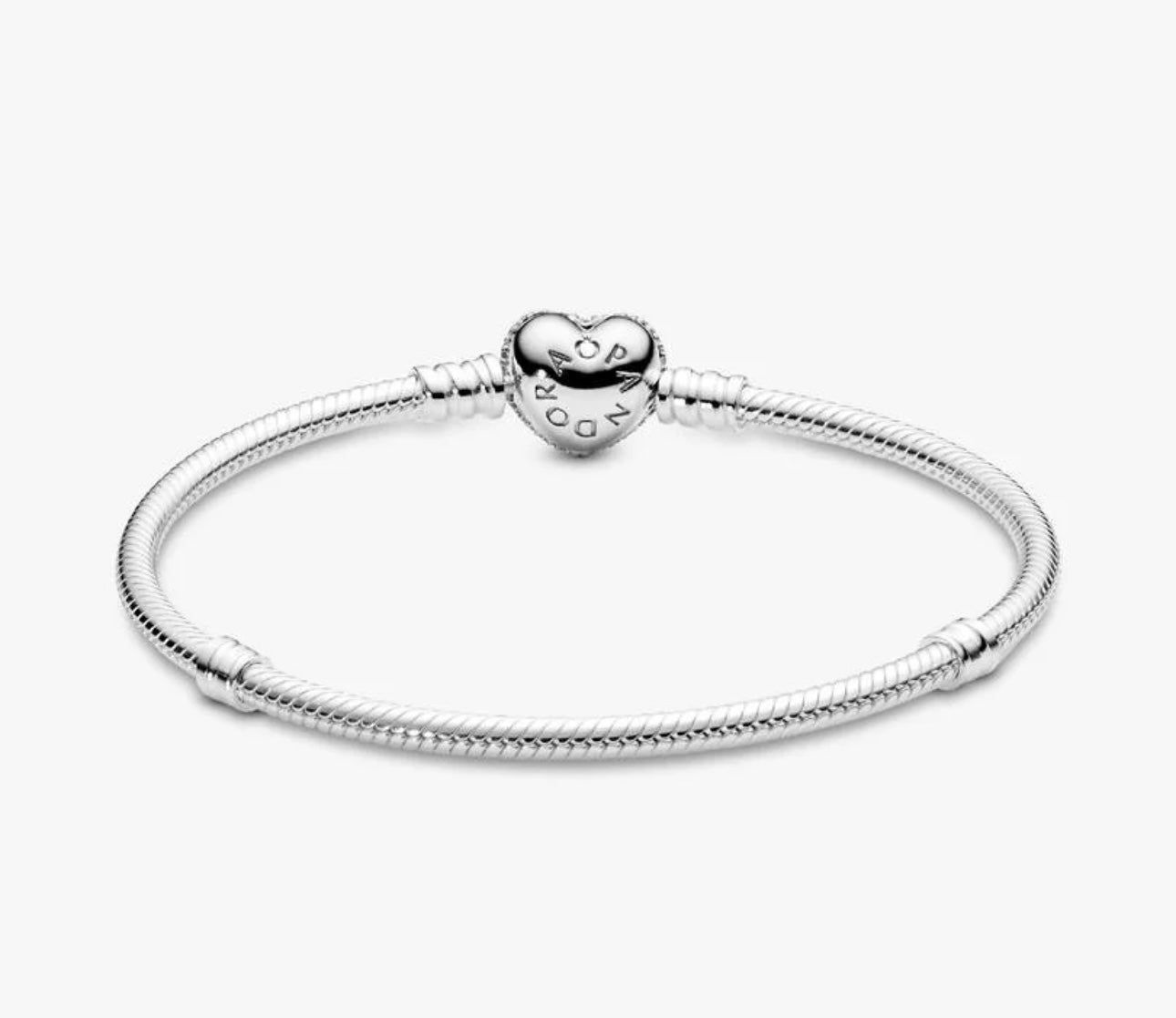 PANDORA FOREVER QUEEN Charm Bracelet for Charms 925 Sterling Silver Signature Silver Snake Chain Bracelet for Women with Sparkling Cubic Zirconia Heart Clasp Charm Authentic