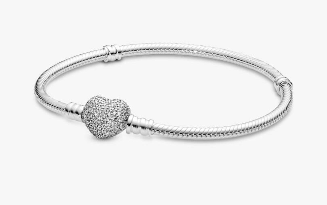 PANDORA FOREVER QUEEN Charm Bracelet for Charms 925 Sterling Silver Signature Silver Snake Chain Bracelet for Women with Sparkling Cubic Zirconia Heart Clasp Charm Authentic