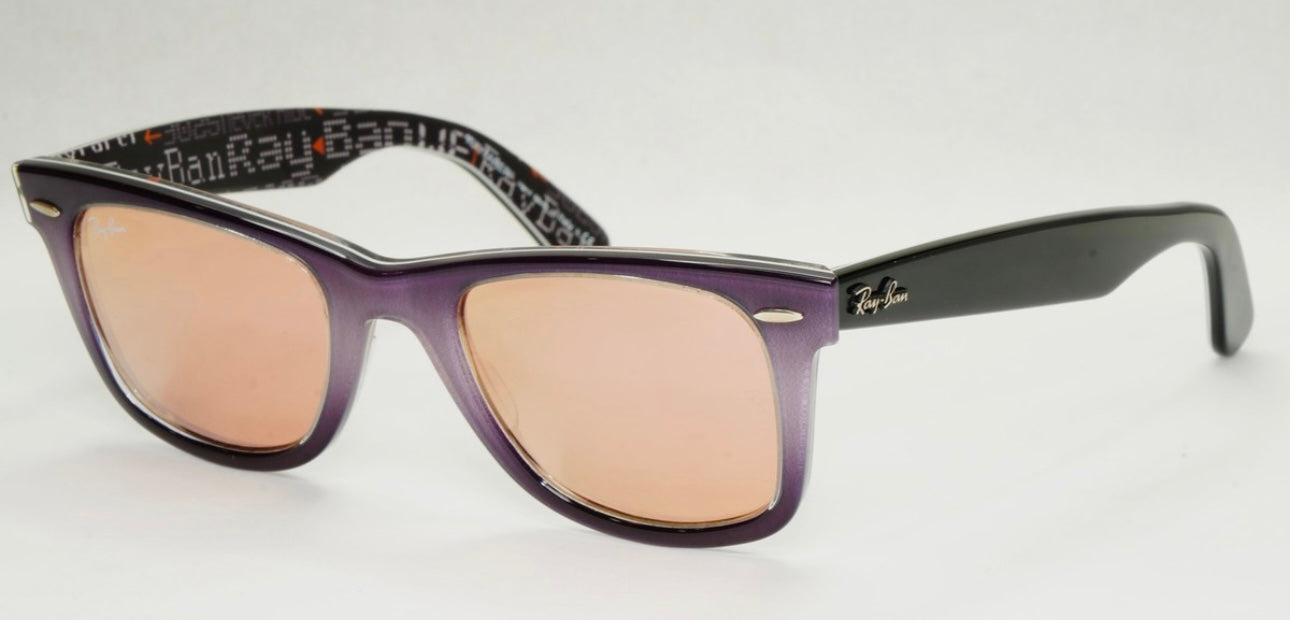 Ray-Ban RB 2140 Wayfarer 1201/Z2 Pale Purple Gradient Front with Black Temples/Pink Copper Mirror Lenses