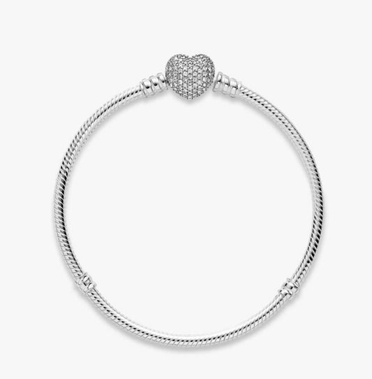 PANDORA FOREVER QUEEN Charm Bracelet for Charms 925 Sterling Silver Signature Silver Snake Chain Bracelet for Women with Sparkling Cubic Zirconia Heart Clasp Charm Authentic