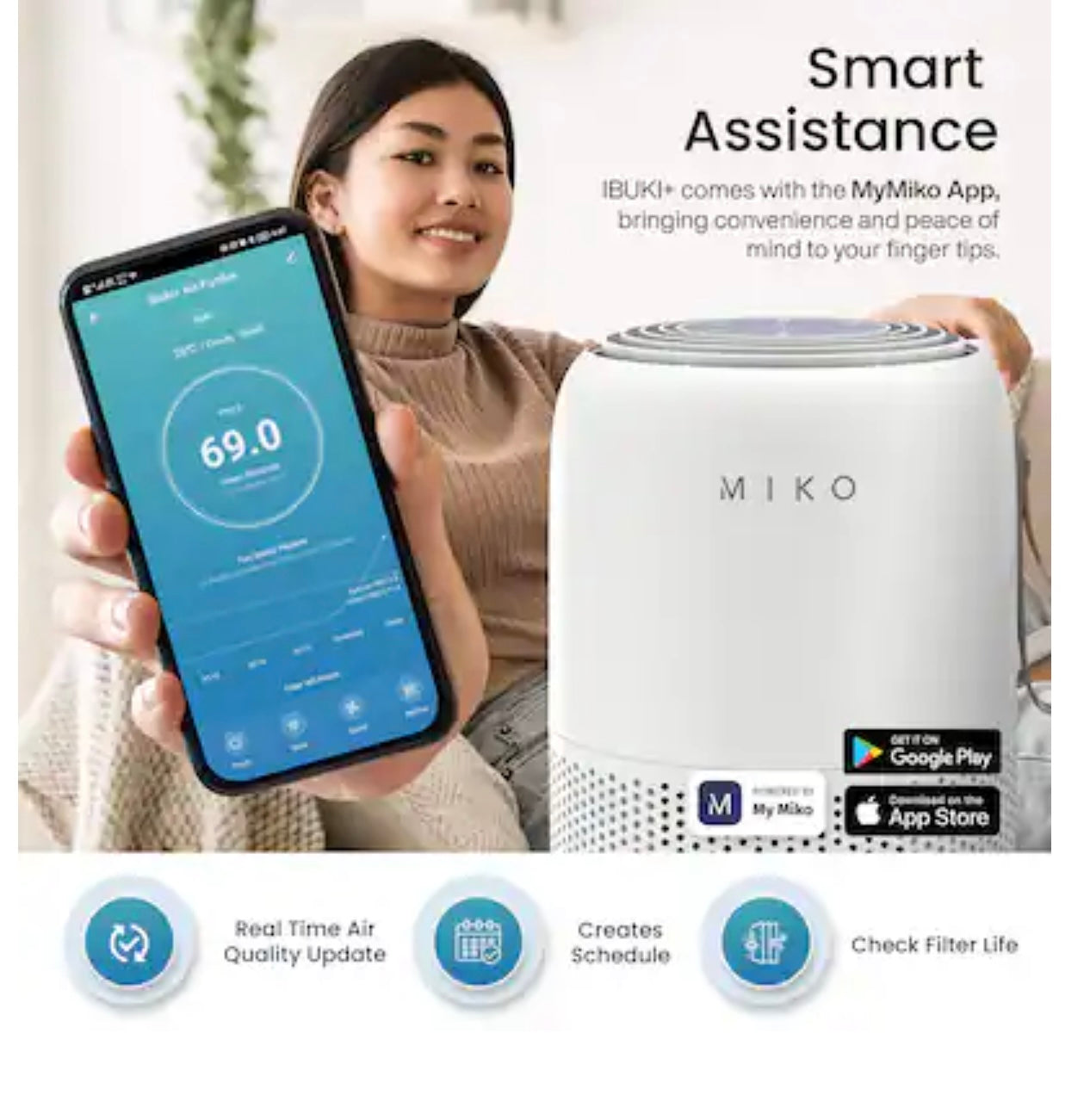 Miko - Smart Air Purifier with App Control – H13 True HEPA, 3-Stage Filtration, Covers 770 sq. ft., Ultra Quiet, for Home - White