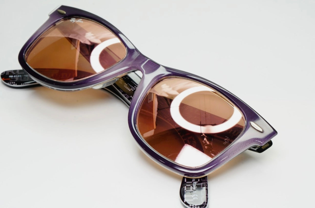 Ray-Ban RB 2140 Wayfarer 1201/Z2 Pale Purple Gradient Front with Black Temples/Pink Copper Mirror Lenses