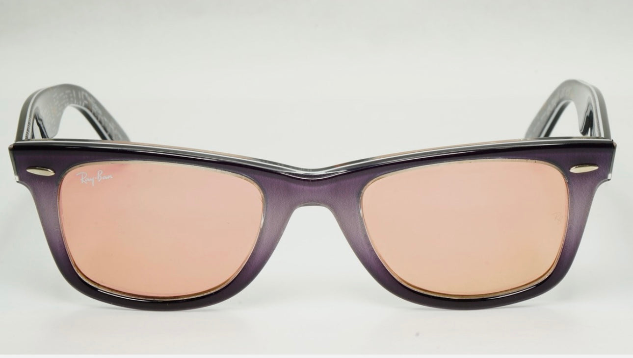 Ray-Ban RB 2140 Wayfarer 1201/Z2 Pale Purple Gradient Front with Black Temples/Pink Copper Mirror Lenses