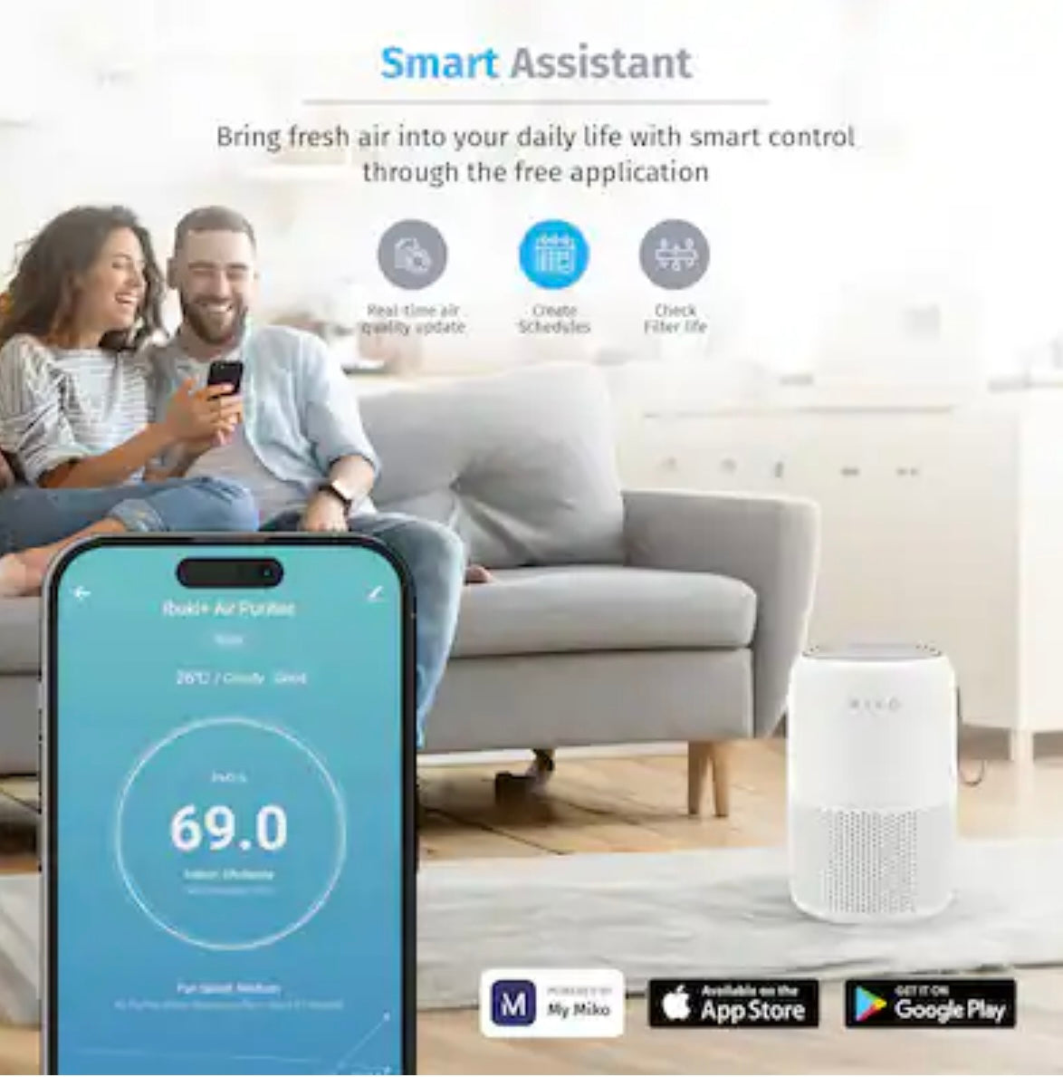 Miko - Smart Air Purifier with App Control – H13 True HEPA, 3-Stage Filtration, Covers 770 sq. ft., Ultra Quiet, for Home - White
