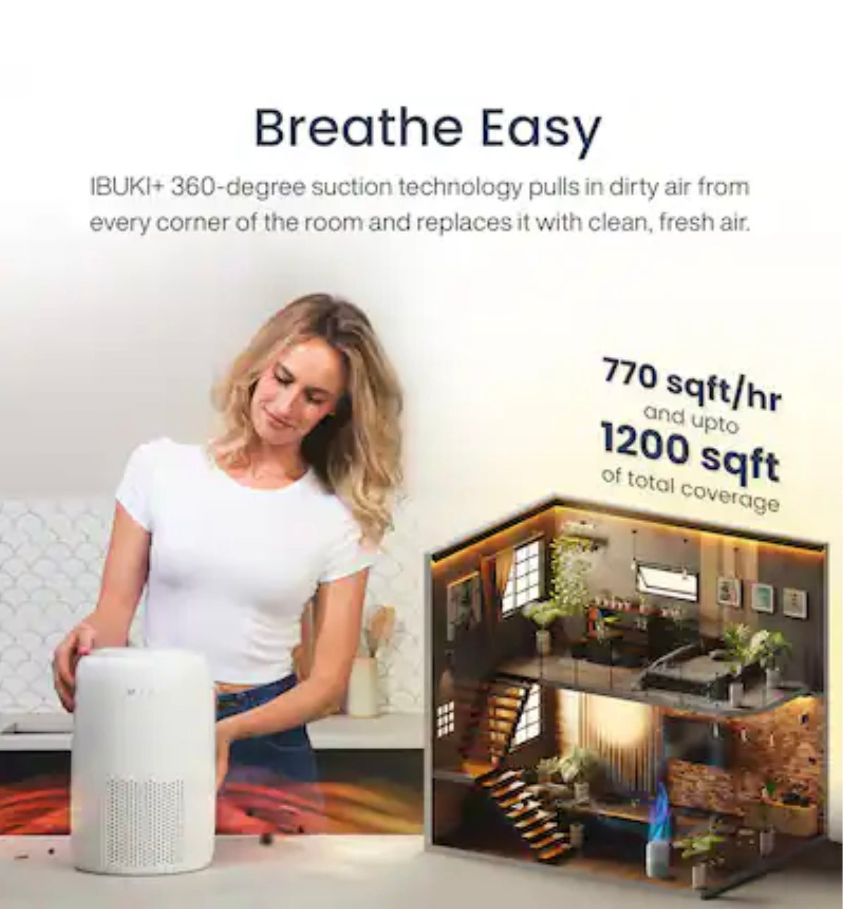 Miko - Smart Air Purifier with App Control – H13 True HEPA, 3-Stage Filtration, Covers 770 sq. ft., Ultra Quiet, for Home - White