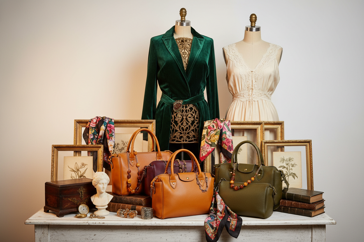 montaje de los productos que se encuentran en la tienda como ropa, accesorios y antigüedades