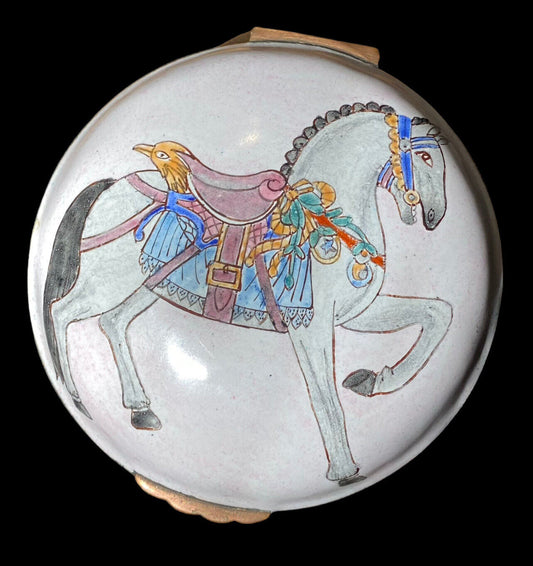 Vintage Carousel Horse White Enamel Round Trinket Box