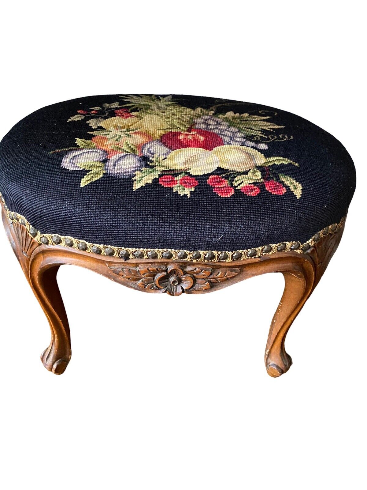 Rare Early 1900s Needlepoint Tapestry Ottoman Footstool Bench Colonial Furniture Co. Item 14x19x15