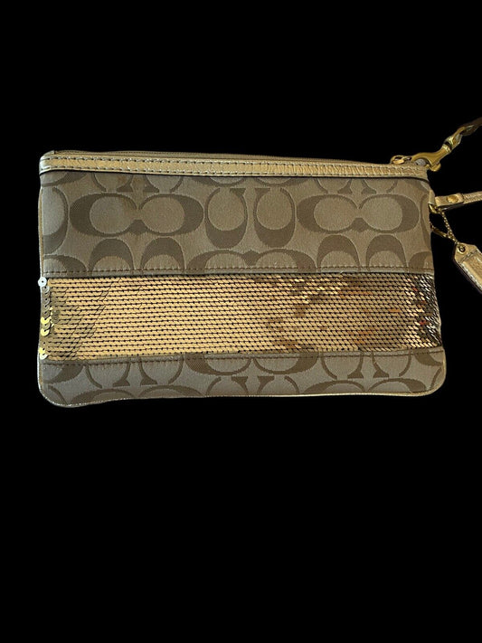 Beige & gold sequin Coach wristlet clutch purse