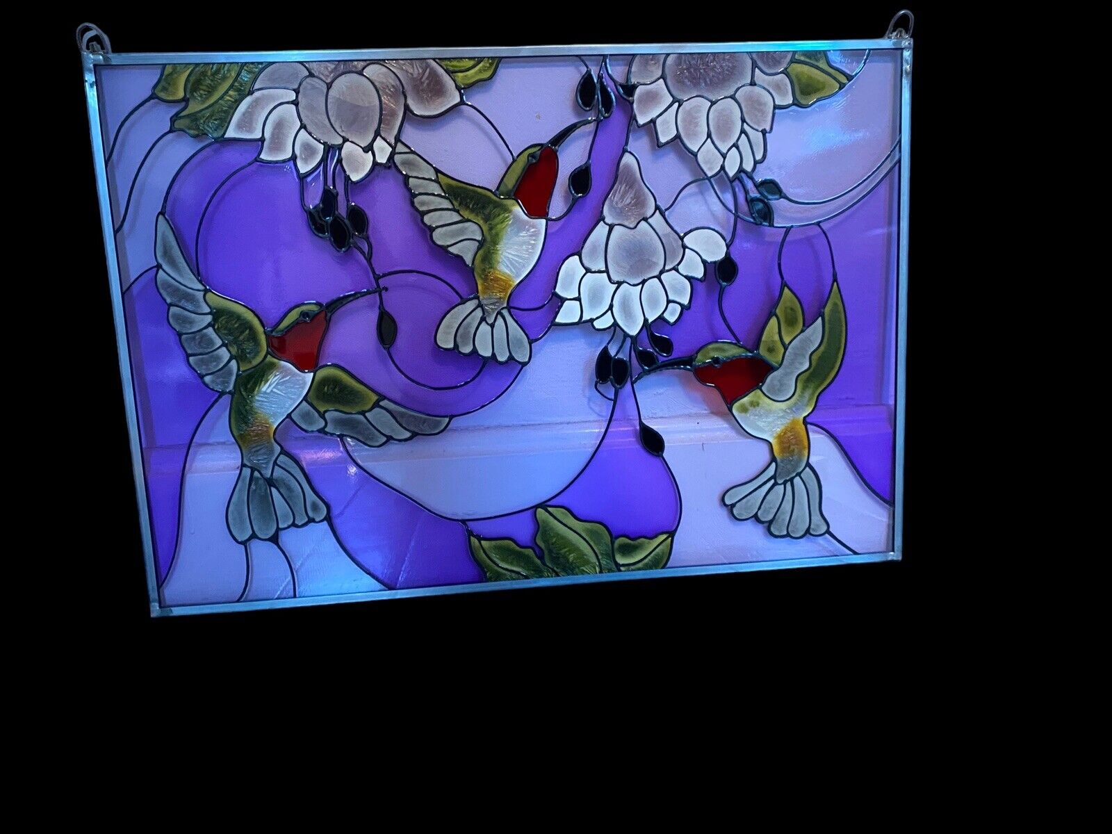 Ruby Hummingbirds Art Glass Panel Wall Window Hanging Suncatcher 14