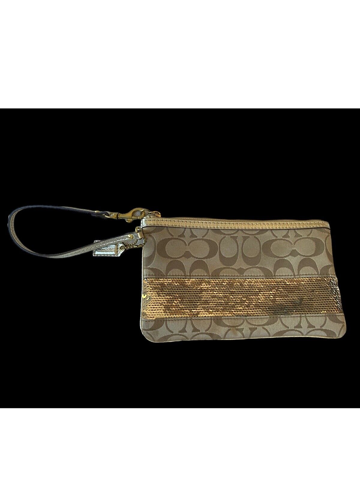 Beige & gold sequin Coach wristlet clutch purse